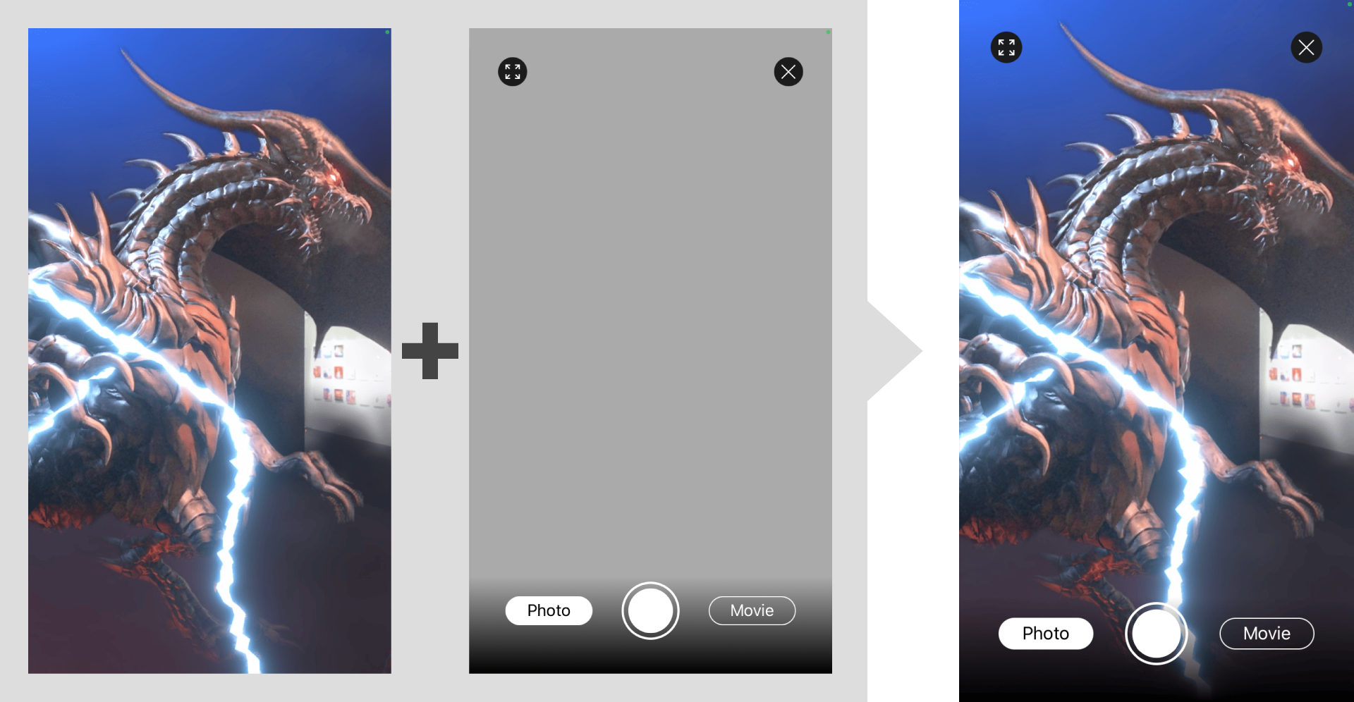 UnityによるAR（左）とネイティブのボタン（中央）を重ねてAR撮影画面（右）を構成